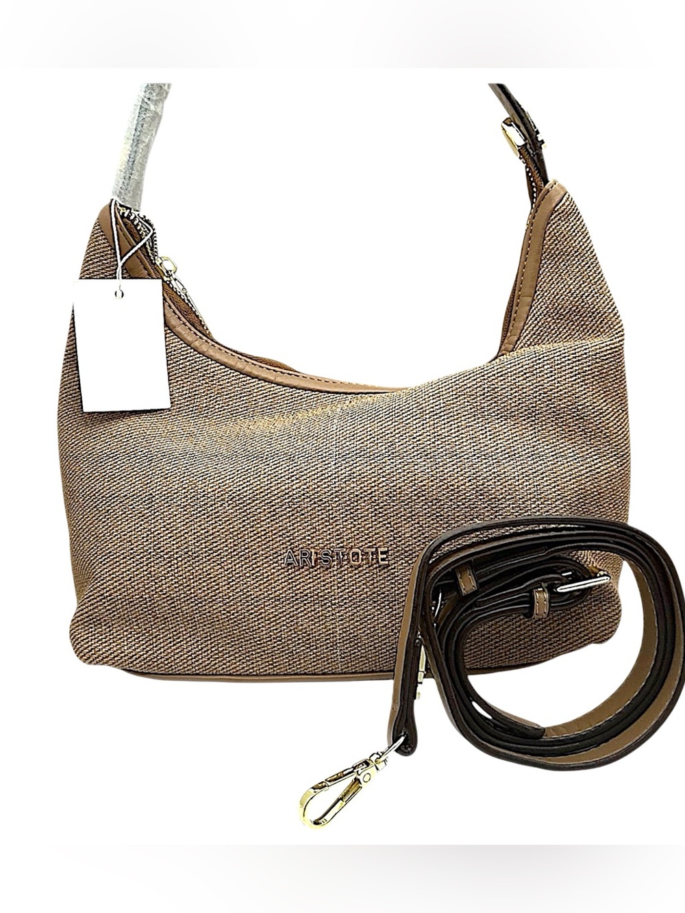 Aristote Woven Shoulder Bag Khaki Tan Neutral Hobo Purse Convertible Crossbody